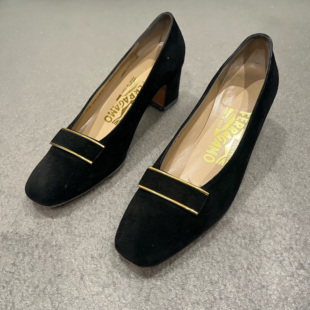 Salvatore Ferragamo Black Velvet pumps with gold hardware